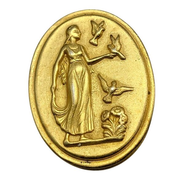 Helen of Troy Cameo Brooch Gold Plated Intaglio Signet Oval Greek Scene Vintage - Picture 3 of 8